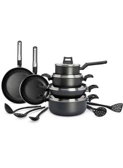 Buy 15-Piece Non-Stick Cookware Set (2 Fry Pans, 2 Casseroles, Saucepan, Kadai, 4 Lids & 5 Spatulas) with 5 Layer PTFE Non-Stick Spray Coating BXSGS15BME Black 7.69kg in UAE