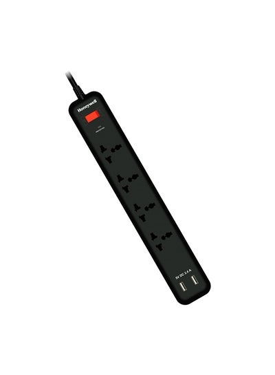 Buy Surge Protector/Spike Guard/Extension board, Master Switch, 4 Universal Sockets, 2USB ports, 15000Amp, 2Mtr Cord, Device Secure Warranty, MOV tech, Auto Overload Protection, 3Yr Warranty Black in UAE