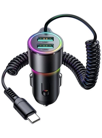 Buy 3 In 1 Car Dual USB Port And Type C With USB Charger 5ft Coiled Cable 3.4A Black in UAE