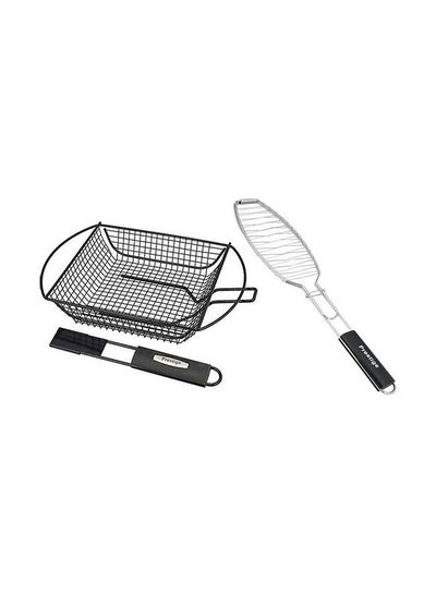 Buy BBQ Vegetable And Shrimp Basket With Reversible Fish Grill Silver/Black 30cm in UAE