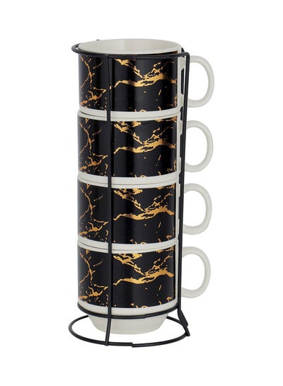 Buy Royalford Fine Bone Stack Cup Set with Stand- RF10986 200 ML 4 Cups Premium-Quality and Stylish Kitchen Organizer with Sturdy and Stable Construction Black/White 200ml in UAE