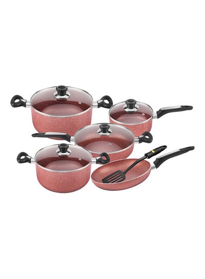 اشتري 10-Piece Granite Coated Aluminum Cookware Induction Base With Glass Lid Set Red في السعودية