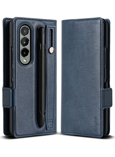 Buy Folio Signature EZ Strap Plus Series Compatible With Galaxy Z Fold 4 Case Leather Handcrafted Artisan Wallet Cover With S Pen Holder And Strap Navy in UAE