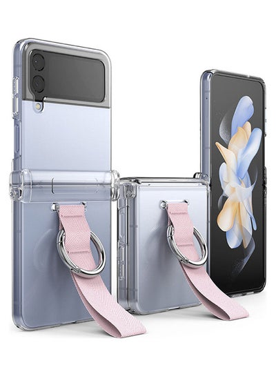 Buy Slim Hinge Series Cover Compatible With Galaxy Z Flip 4 Ultra-thin Transparent Impact-Resistant And Durable Protective Case Plus Phone Grip Ring, Built in Strap Pink Sand in UAE