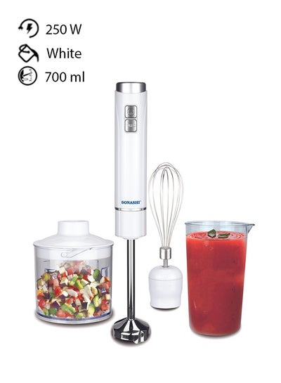 Buy 4-In-1 Hand Blender - Stainless Steel Blades with 2 Speed for Baby Food, Soup, Juice | 500ml Chopper Bowl, 700ml Plastic Jar and Blending Wand SHB-185JCW White in Saudi Arabia