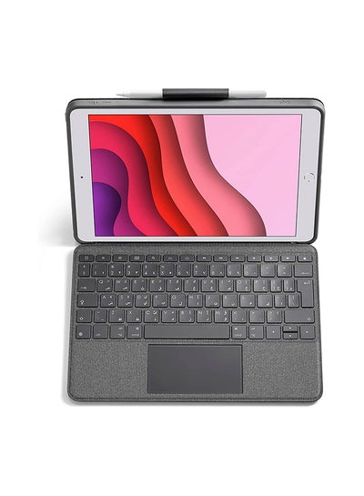 Buy Combo Touch for iPad (7th, 8th & 9th Gen), Keyboard Case with Trackpad, Wireless Detachable Keyboard, Soft Slim Cover, Adjustable Stand, English-Arabic Layout Grey in UAE