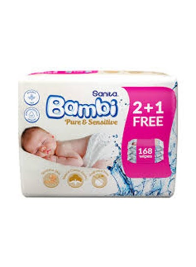 Buy Pure And Sensitive Baby Wet Wipes, 168 Count (2+1 Free) - Softening Olive Oil, Claming Almond Milk, Paraben Free And Fragrance Free in Saudi Arabia