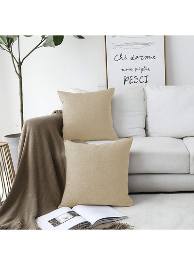 Buy 2 Pieces Square Linen Decorative Cushion Set Solid Design Light Beige 45x45cm in Saudi Arabia