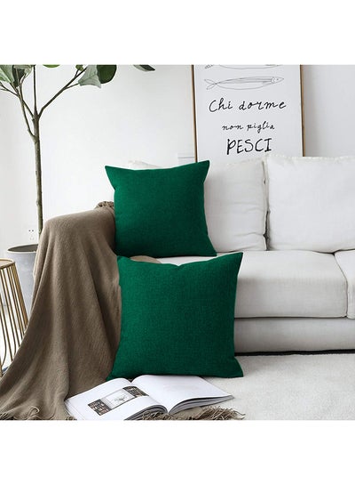 Buy 2 Pieces Square Linen Decorative Cushion Set Solid Design Dark Green 65x65cm in Saudi Arabia