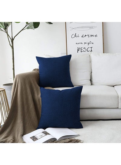 Buy 2 Pieces Square Linen Decorative Cushion Set Solid Design Dark Blue 45x45cm in Saudi Arabia