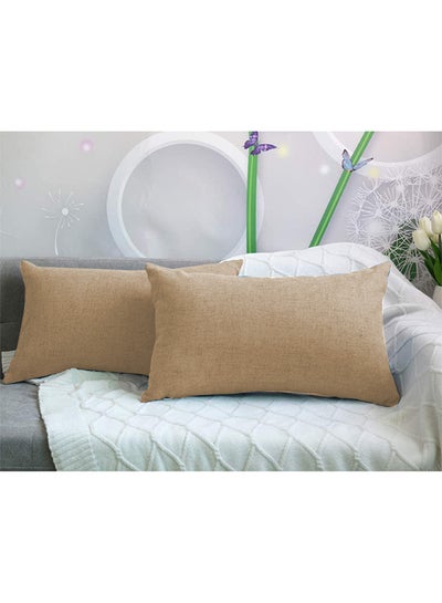 Buy 2 Pieces Rectangular Linen Decorative Cushion Set Solid Design Beige 50x30cm in Saudi Arabia