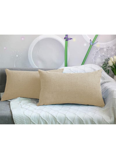 Buy 2 Pieces Rectangular Linen Decorative Cushion Set Solid Design Light Beige 50x30cm in Saudi Arabia