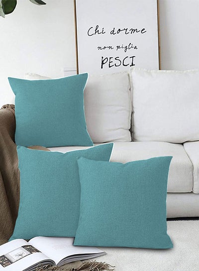 Buy 3 Pieces Square Linen Decorative Cushion Set Solid Design Turquoise 45x45cm in Saudi Arabia