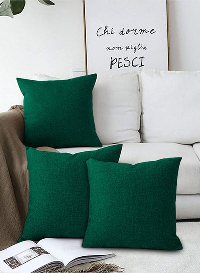 Buy 3 Pieces Square Linen Decorative Cushion Set Solid Design Dark Green 45x45cm in Saudi Arabia