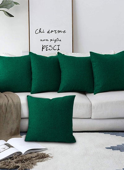 Buy 5 Pieces Square Linen Decorative Cushion Set Solid Design Dark Green 45x45cm in Saudi Arabia