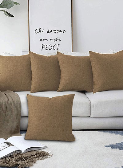 Buy 5 Pieces Square Linen Decorative Cushion Set Solid Design Beige in Saudi Arabia