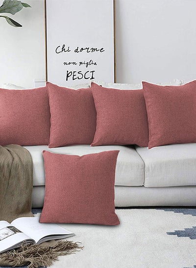 Buy 5 Pieces Square Linen Decorative Cushion Set Solid Design Dark Pink 65x65cm in Saudi Arabia