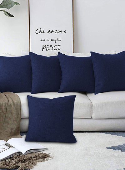 Buy 5 Pieces Square Linen Decorative Cushion Set Solid Design Dark Blue 65x65cm in Saudi Arabia