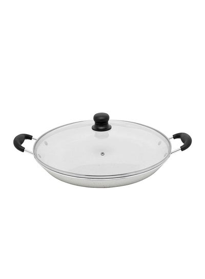 Buy Non-Stick Aluminum Marble Coated Seafood Pan With Heat Resistant Handles With Glass Lid White 35cm in Saudi Arabia