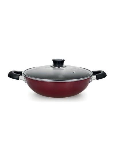 Buy Aluminium Wok Pan With Glass Lid Red/Clear/Black 22cm in Saudi Arabia