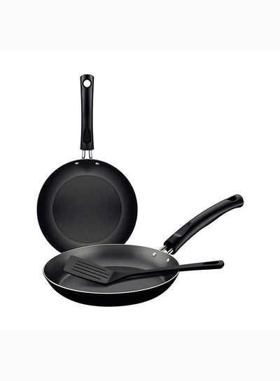 Buy Paris 3 Pieces Black Aluminum Frying Pan Set With Interior Starflon Max PFOA Free Nonstick Coating And Exterior Silicon Coating 20Cm + 26Cm + Spatula Black in UAE