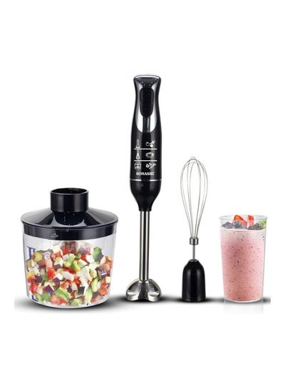 Buy 4-in-1 Hand Blender Chopper Whisker Mixer | Durable Stainless Steel Blade & Removable Stick | Comes with 700ml Plastic Jar, 500ml Chopper and Blending Wand | Power Watt 600 SHB-187JCW Black in Saudi Arabia