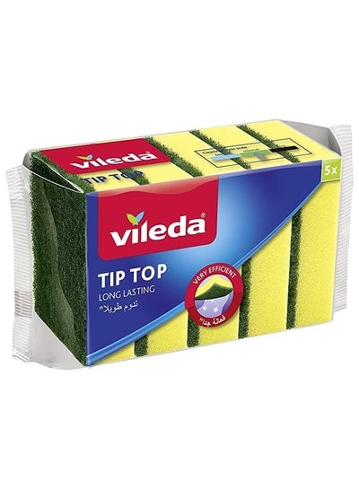 Buy Tip Top 5 Pieces Medium Dishwashing Sponge, Long Lasting and Durable, for Sensitive Surfaces, . Yellow/Green in Saudi Arabia