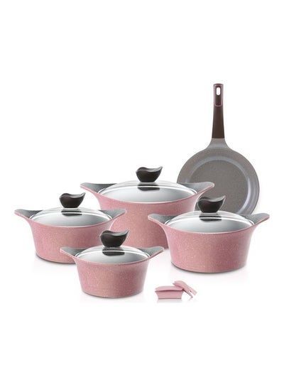 Buy Eni Granite Pots Set With Lid Pink 20 cm molded casserole with glass lid + 22 cm saucepan with glass lid + 24 cm molded casserole with glass lid + 26 cm molded casserole with glass lid + 26 cm cast iron skillet from Tele + silicone handles (1 pair per set) in Saudi Arabia