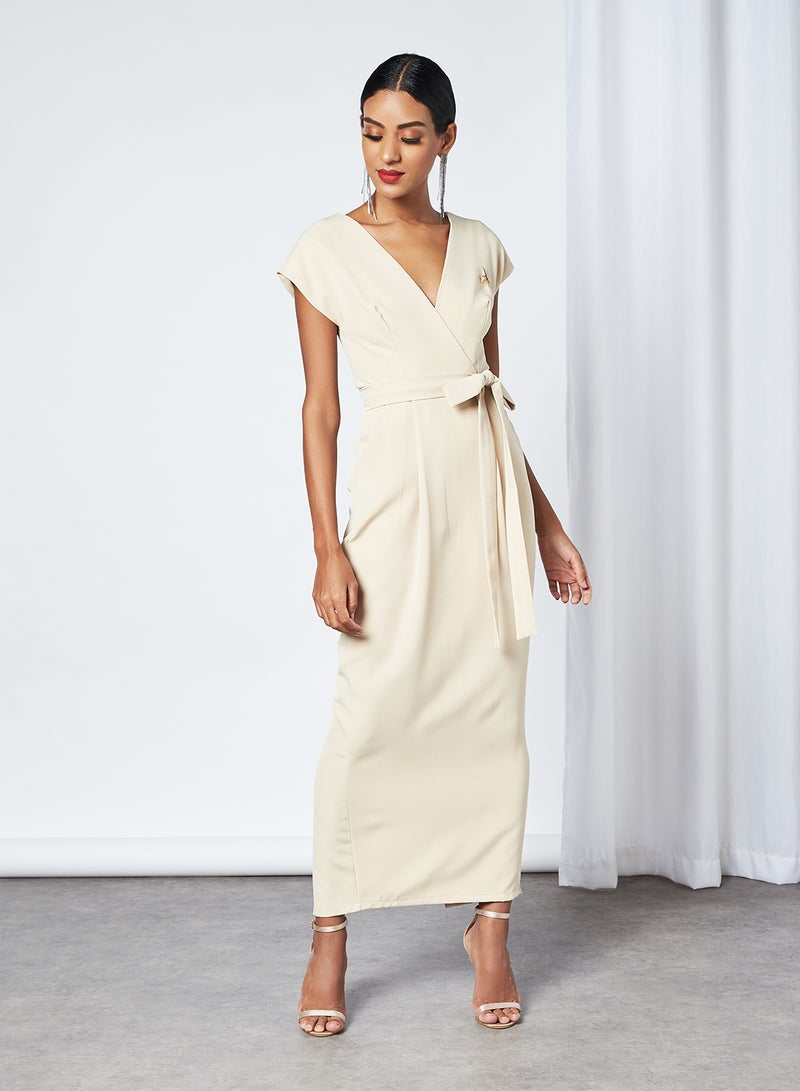 Short Sleeve Bardot Dress Beige 